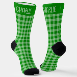Chaussette Carreaux Verts Rustiques avec Nom Personnalisé sur