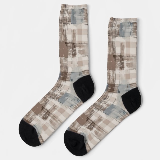 Chaussette Carrés Abstraits Bleu Marron Crème (Gauche)