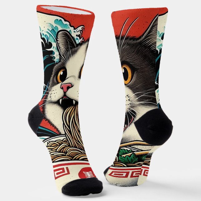 Chaussette Cat Ramen Japanese Art Vintage Style (Angulaire)