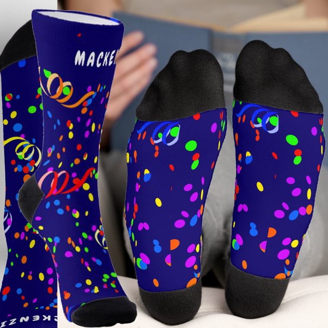Chaussette Celebration Confetti Ajouter le nom Blue Premium C (Celebration Confetti Add Name Blue Premium Crew Socks)