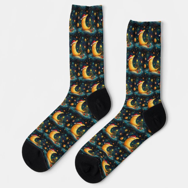 Chaussette Célébration drôle de la Lune de Noël dans la Galax (Gauche)