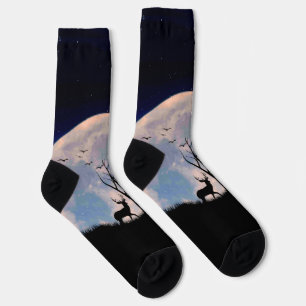 Chaussette Cerf avec grand bois contre pleine lune