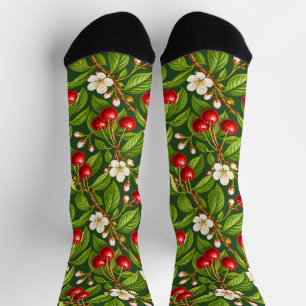 Chaussette Cerises rouges botaniques et fleurs blanches