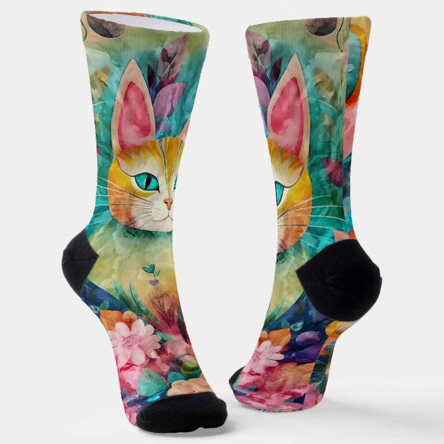Chaussette Chat aux yeux verts entouré d'un ensemble de fleur (Angulaire)