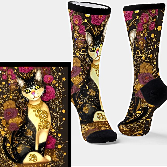 Chaussette Chat avec collier or et fleurs roses foncées (Créateur téléchargé)