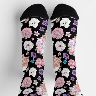 Chaussette Chat Blanc Pastel Floral Botanique Romantique Noir