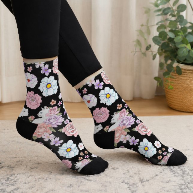 Chaussette Chat Blanc Pastel Floral Botanique Romantique Noir (Créateur téléchargé)
