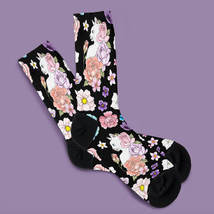 Chaussette Chat Blanc Pastel Floral Botanique Romantique Noir