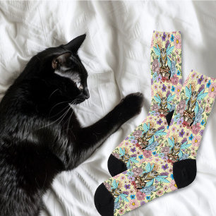 Chaussette Chat féerique tabby pastel fantaisiste floral