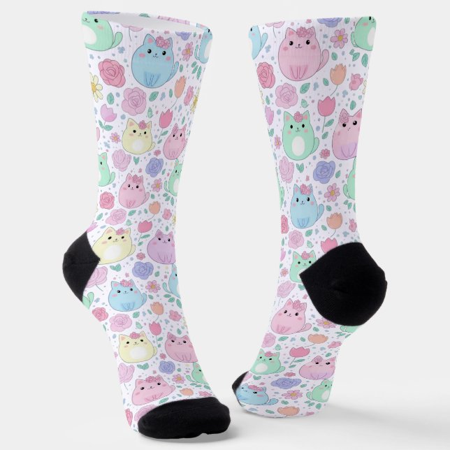 Chaussette Chat Mignon & Motif Floral Pastel (Angulaire)