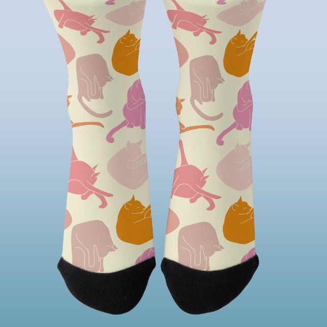 Chaussette Chat moderne Motif rose orange (Fun cat pattern socks)