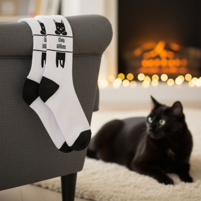 Chaussette Chat noir adorable avec nom Chaussettes d'équipage (🐈‍⬛Cute custom name socks for black cat lovers❤️)