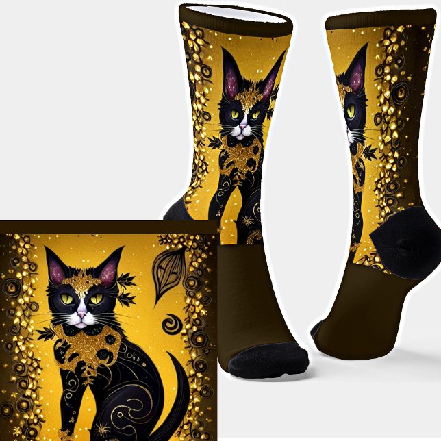 Chaussette Chat noir avec col or sur Brown or (Créateur téléchargé)