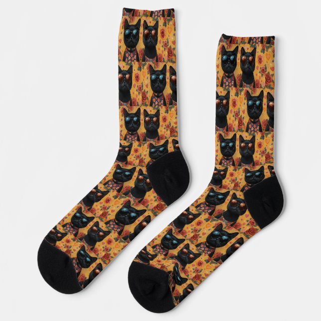 Chaussette Chat Noir Avec Roses Du Cœur Saint-Valentin  (Gauche)