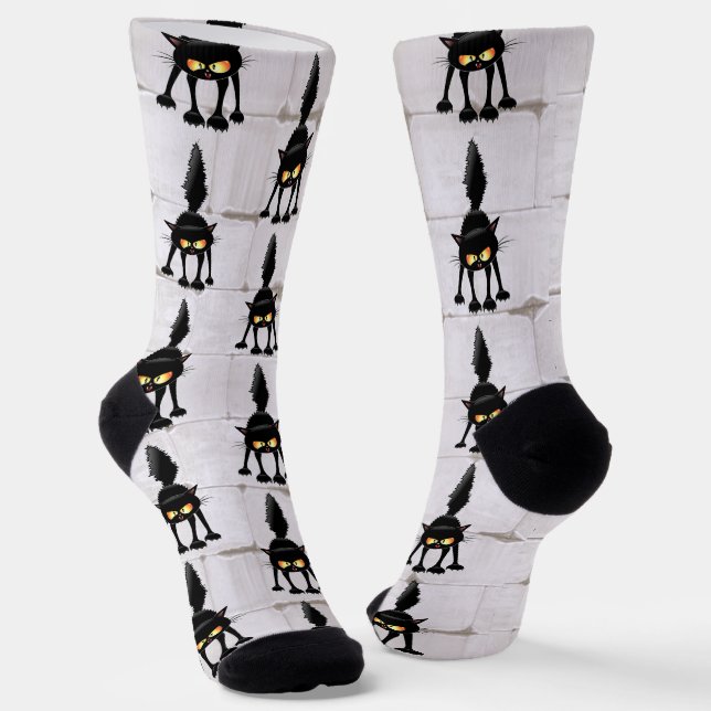 Chaussette Chat noir de dessin animé drôle et féroce  (Angulaire)