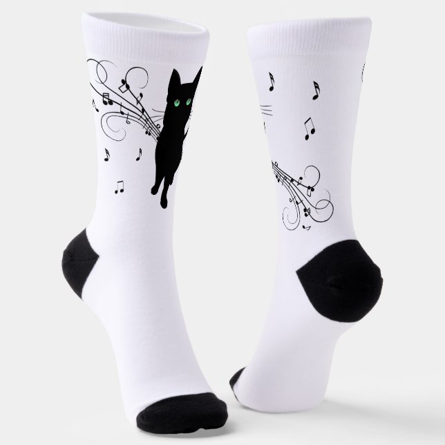 Chaussette Chat noir entouré de notes de musique murmurantes (Angulaire)