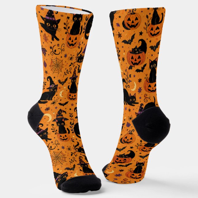 Chaussette Chat noir Halloween, Motif de citrouille de chat e (Angulaire)