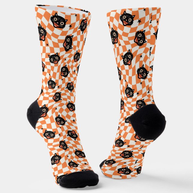 Chaussette Chat noir rétro Motif chèque orange (Angulaire)