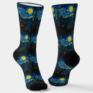 Chaussette Chat noir Starry Nuit Van Gogh Chat Selfie