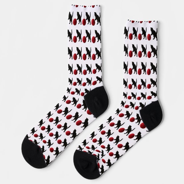Chaussette Chat silhouette noire, avec boule de laine rouge ( (Gauche)