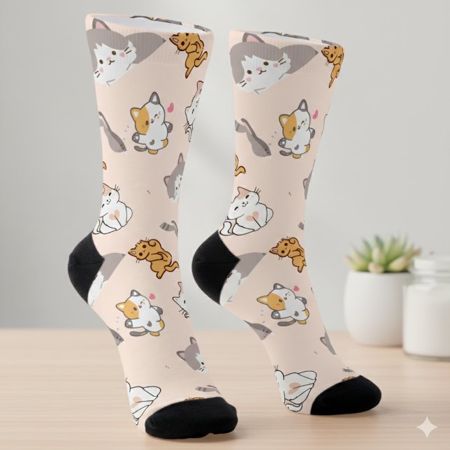 Chaussette Chatons de dessin animé mignons motif monogramme (Créateur téléchargé)