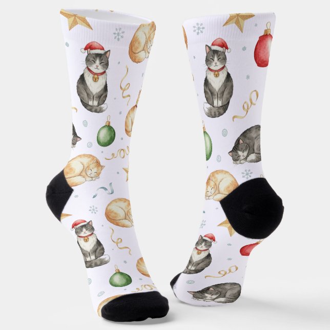 Chaussette Chats de Noël à l'aquarelle et ornement (Angulaire)