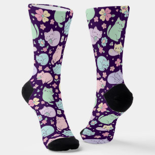 Chaussette Chats Kawaii Pastel et Motif de Fleurs de Printemp