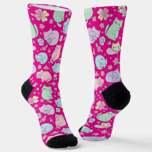 Chaussette Chats Kawaii Pastel et Motif de Fleurs de Printemp