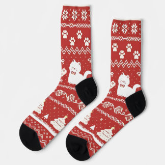 Chaussette Chats mignons de Noël Rouge Fair Isle Fêtes 