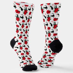 Chaussette Chats noirs mignons amusants Motif Roses rouges