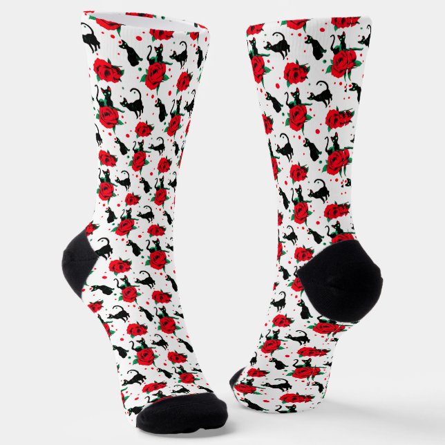 Chaussette Chats noirs mignons amusants Motif Roses rouges (Angulaire)