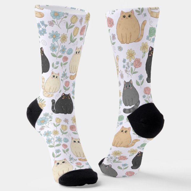Chaussette Chaussettes à motif de chats mignons et de fleurs  (Angulaire)