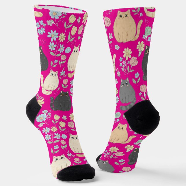 Chaussette Chaussettes à motif de chats mignons et de fleurs  (Angulaire)
