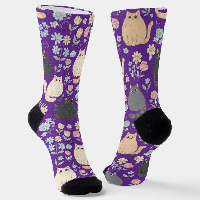 Chaussette Chaussettes à motif de chats mignons et de fleurs  (Angulaire)