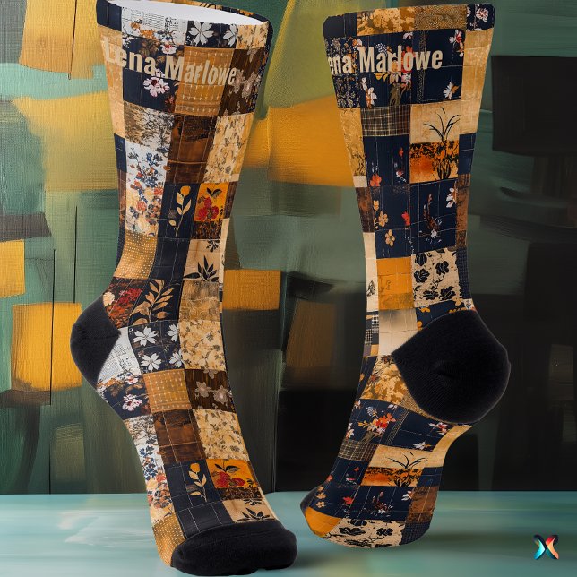 Chaussette Chaussettes à patchwork floral – Or et marine pers (Créateur téléchargé)