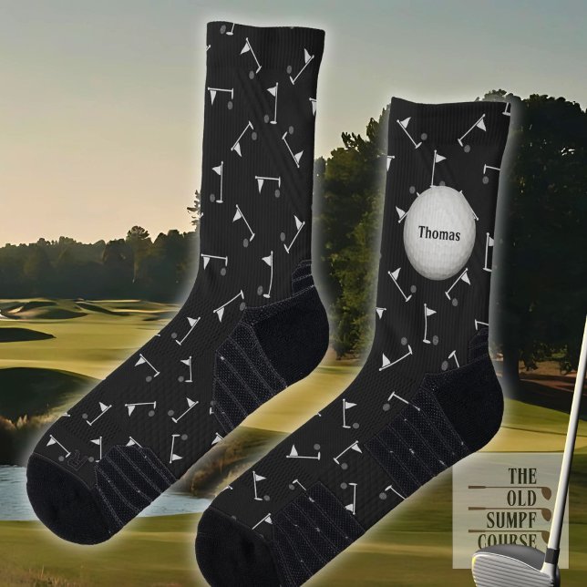 Chaussette Chaussettes de golf en noir et gris, bâtons et nom (Créateur téléchargé)