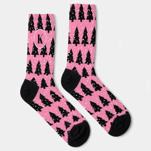 Chaussette Chaussettes d'équipage d'arbre de Noël rose et noi