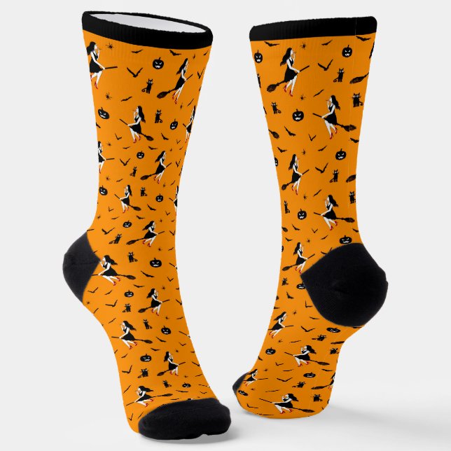 Chaussette Chaussettes d'Halloween orange avec sorcières et c (Angulaire)