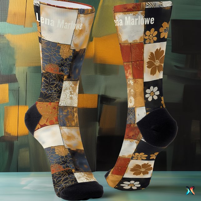 Chaussette Chaussettes en patchwork de carreaux floraux – Or  (Créateur téléchargé)