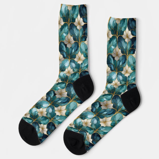 Chaussette Chaussettes Florales Japonaises Sarcelle Or (Gauche)
