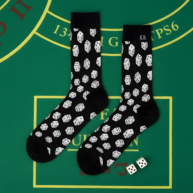 Chaussette Chaussettes Motif Lucky Dice avec Monogramme pour  (Step up your sock game with these bold black socks featuring an all-over white dice pattern.)