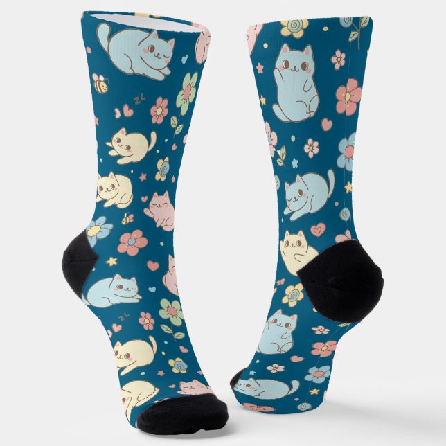Chaussette Chaussettes Motifs Kawaii Pastel Chats et Fleurs (Angulaire)