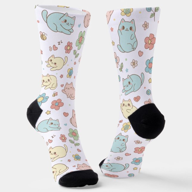 Chaussette Chaussettes Motifs Kawaii Pastel Chats et Fleurs (Angulaire)