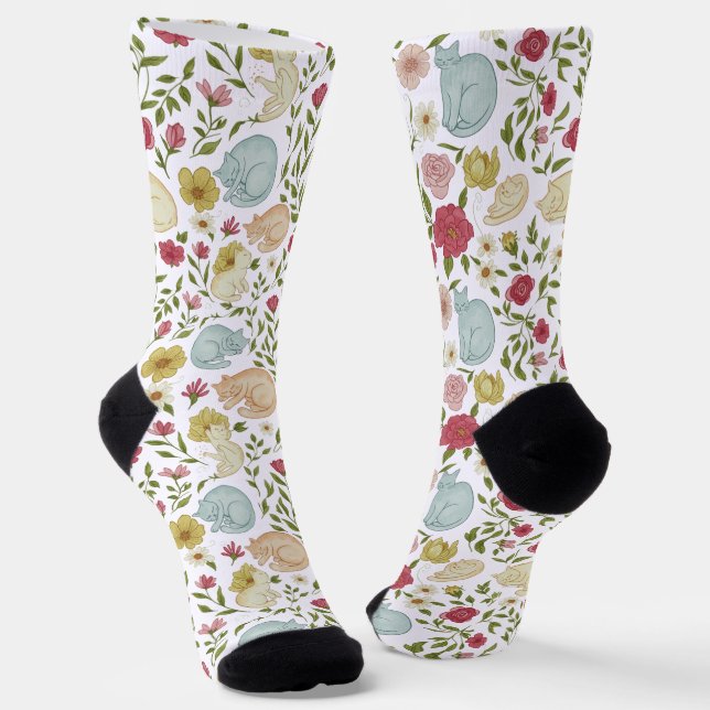 Chaussette Chaussettes Motifs Whimsical Floral et Sleepy Cat (Angulaire)