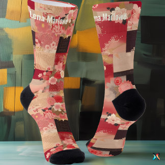 Chaussette Chaussettes Patchwork Sakura Rouge avec Charme Jap