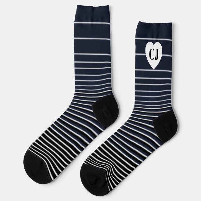 Chaussette Chaussettes rayées cœur initial bleu blanc (Gauche)