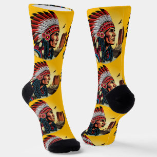 Chaussette Chef amérindien sur paysage sauvage coucher de sol