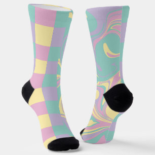 Chaussette Chèques et perles Pastel Rose, Jaune, Violet & Ver