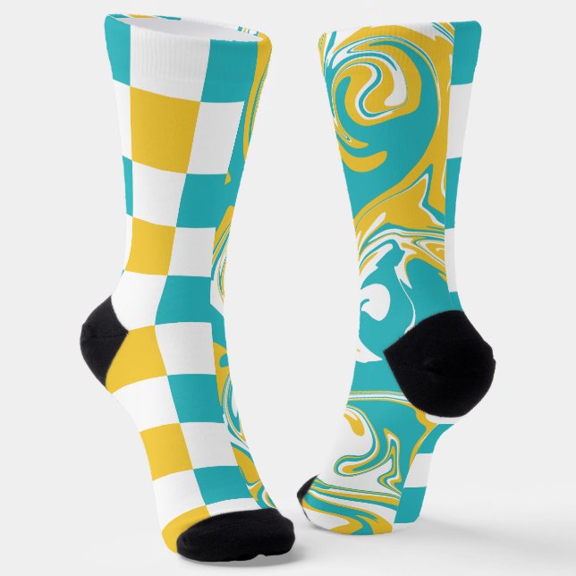 Chaussette Chèques et permules en Turquoise, Jaune et Blanc (Angulaire)