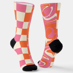 Chaussette Chèques et tourbillons - rose, orange et crème